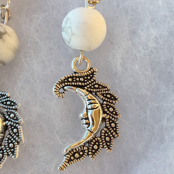 White Howlite Crescent Moon Dangle Earrings - Picture 2 of 9